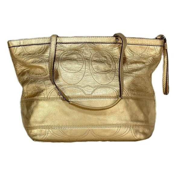 Gold COACH Signature Metallic Tote Bag With Logo & Zip Closure - Picture 5 of 9